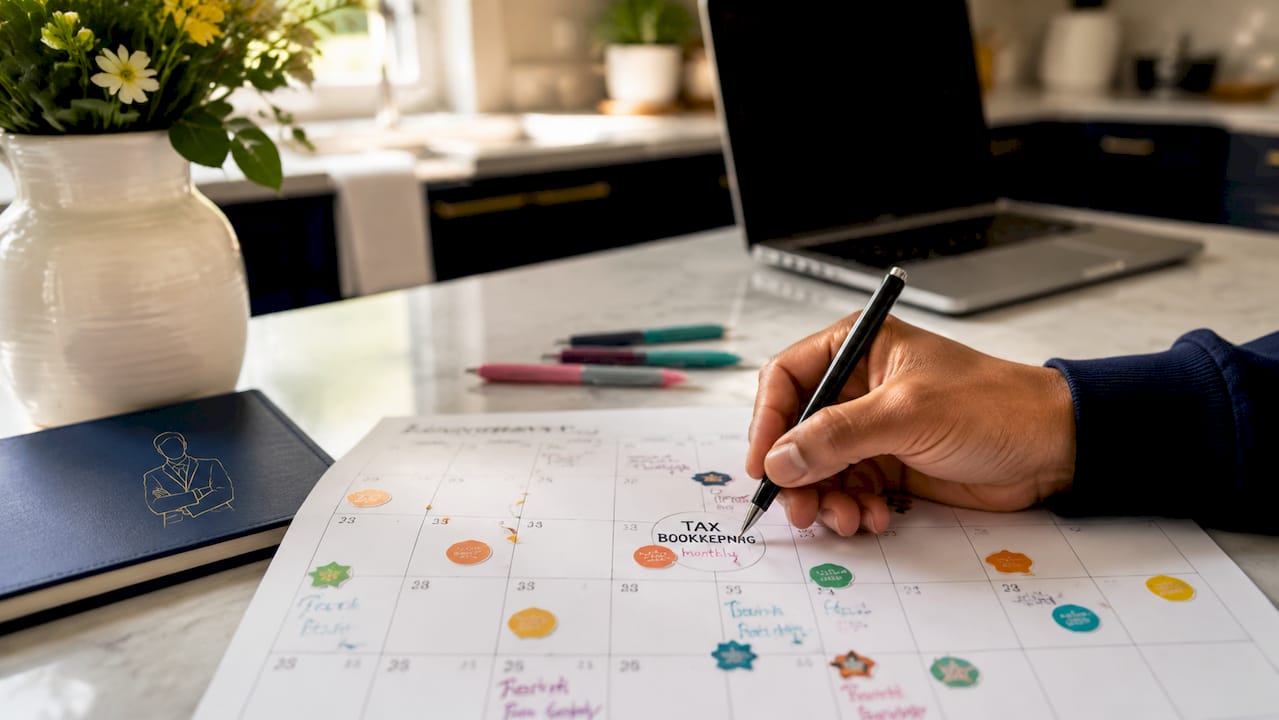Hand marking monthly bookkeeping calendar reminder