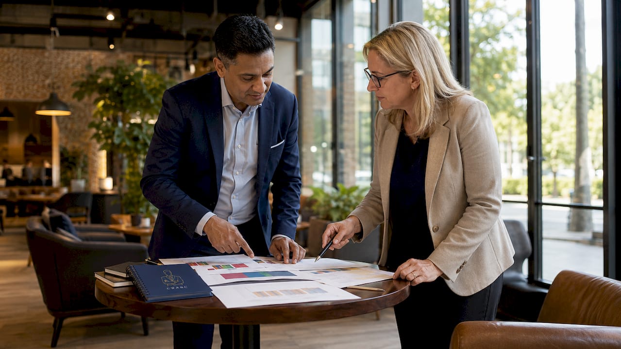 Pair discussing UK tax bands in office meeting room