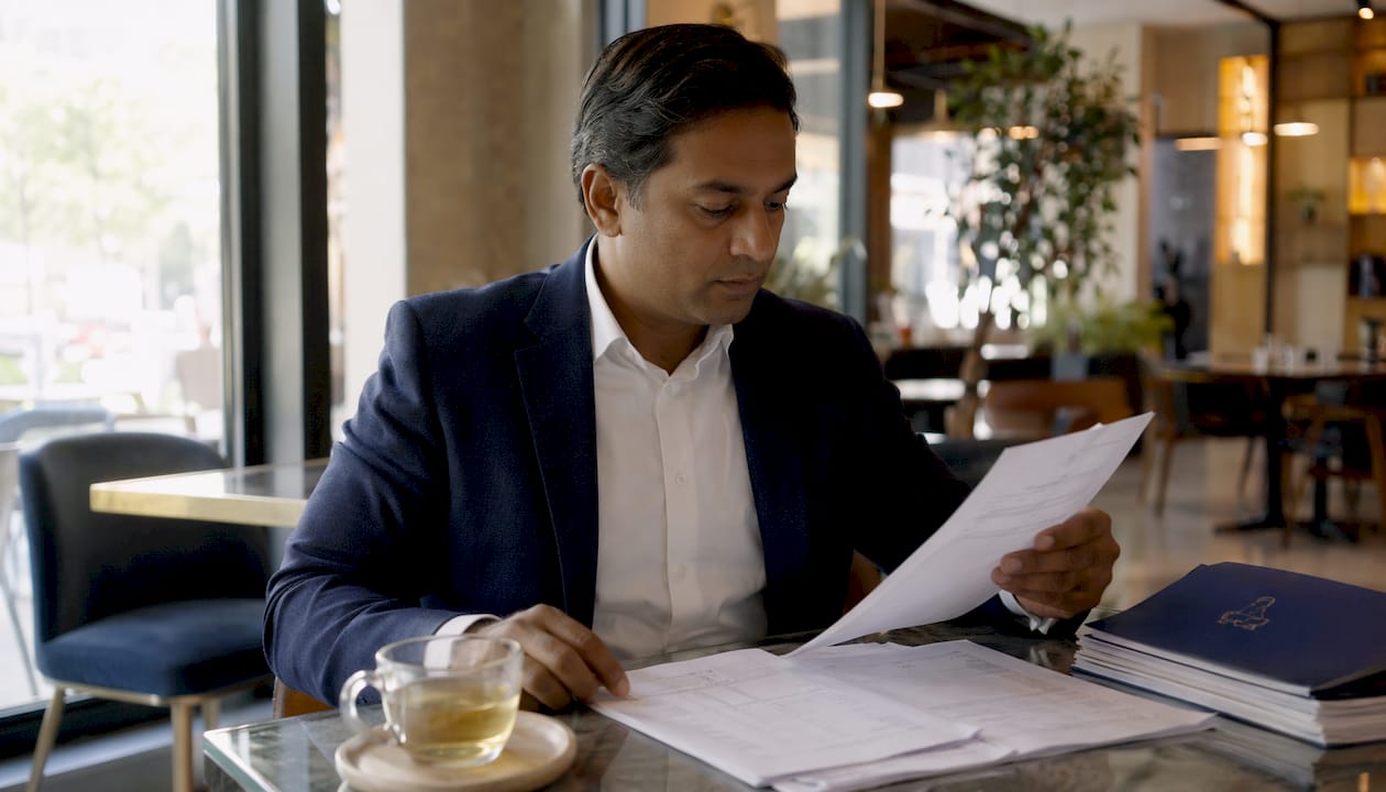 Man reviewing digital income records on tablet