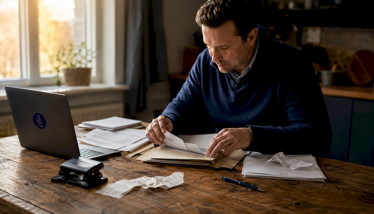 Hands sorting invoices on desk