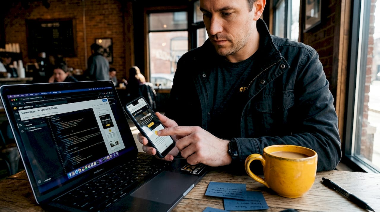 Designer testing mobile website layout in café