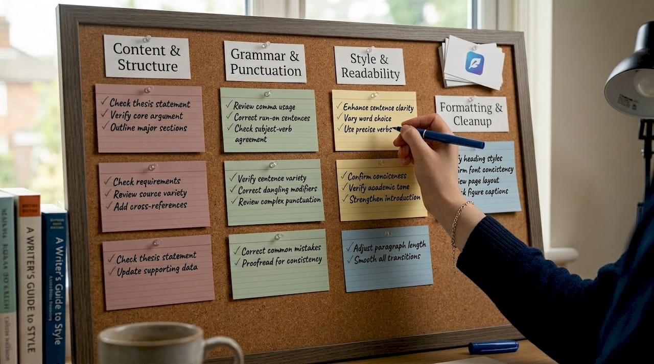 Corkboard with phased proofreading checklist