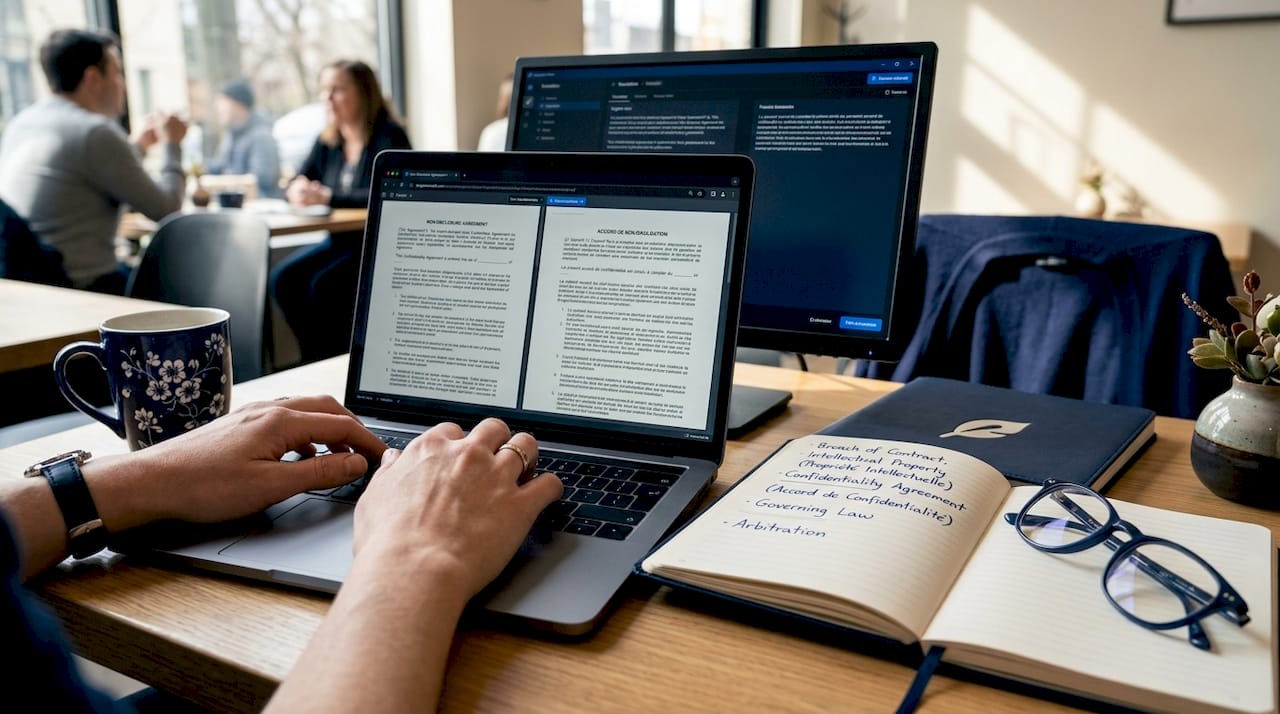Translator typing legal documents in corporate office