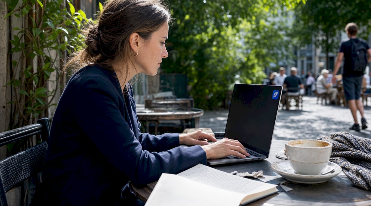 Hands typing on laptop with translation notes nearby