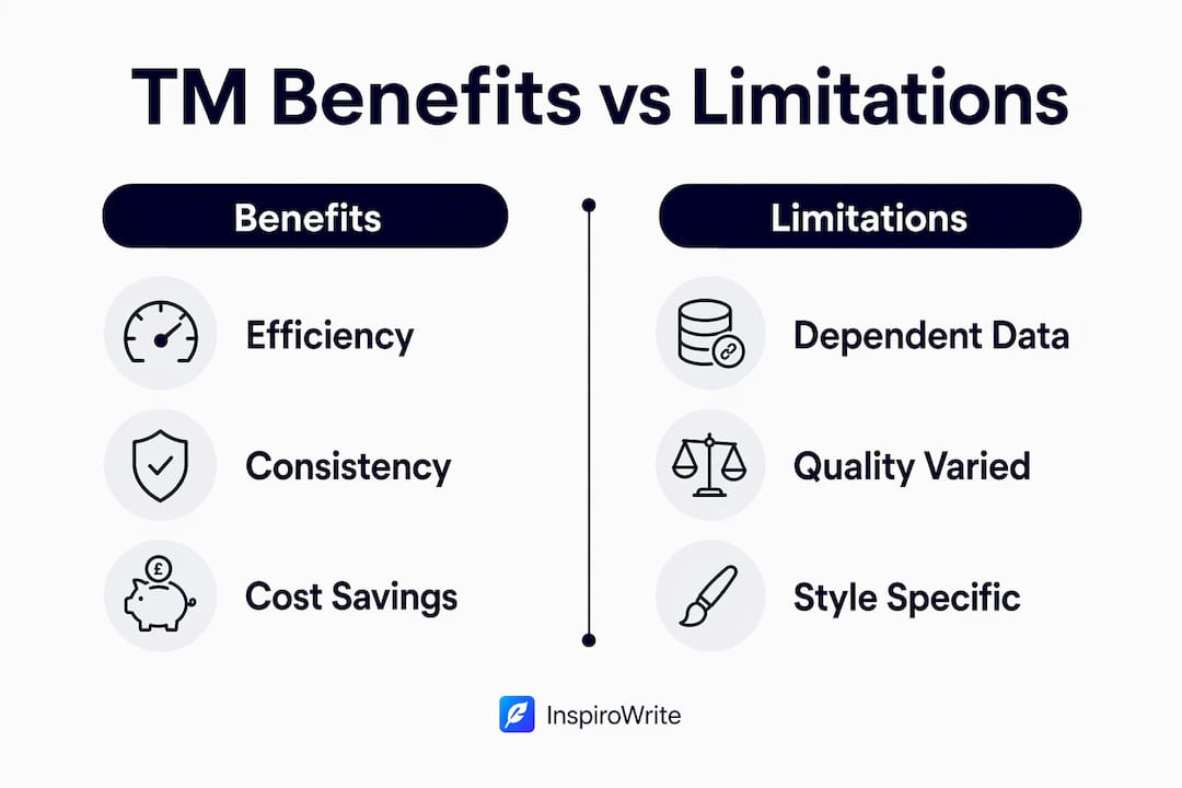 Infographic comparing translation memory benefits and limitations