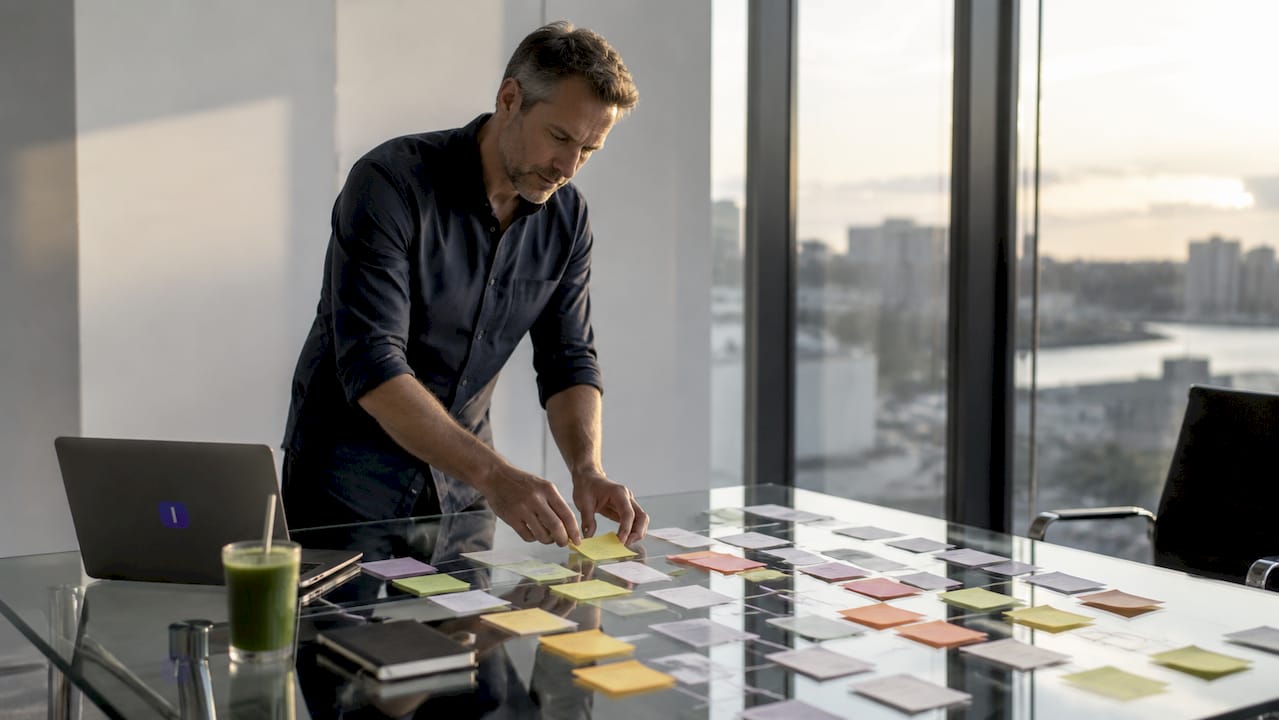 Mit den Händen werden No-Code-Workflow-Karten übersichtlich sortiert und angeordnet.