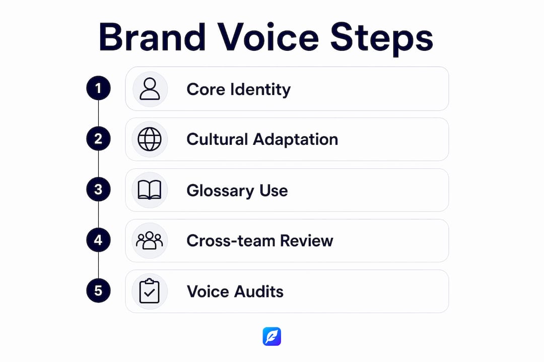 Infographic showing steps for maintaining brand voice across languages