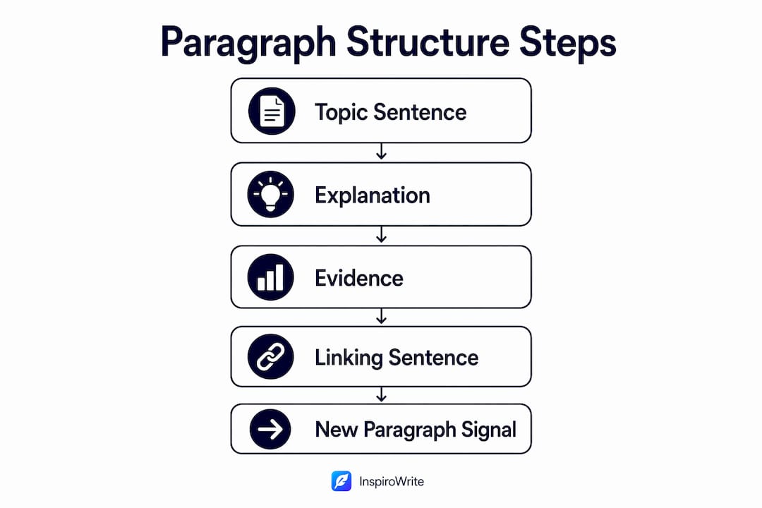 Vertical flow infographic of paragraph structure steps