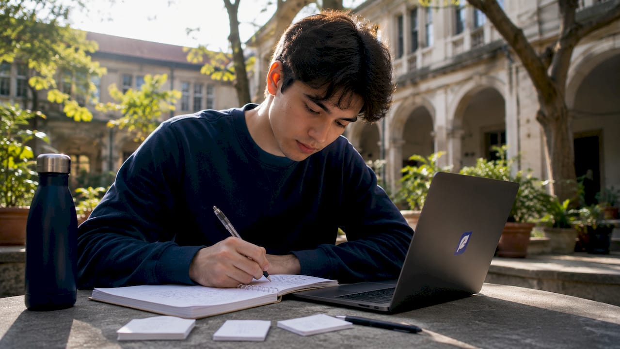 Student studying English word order errors in library
