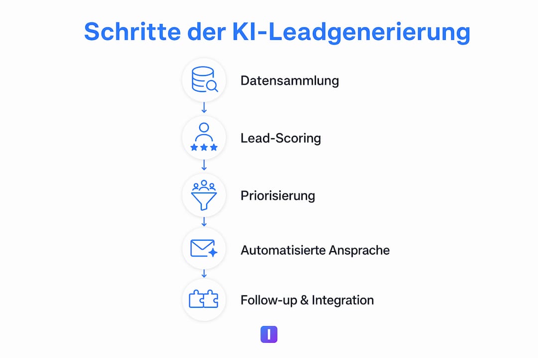 Grafik: Die fünf wichtigsten Schritte zur Leadgenerierung mit Künstlicher Intelligenz