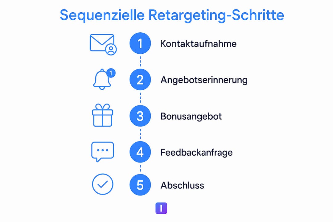 Die Infografik veranschaulicht anschaulich die optimal aufeinander abgestimmten Schritte für ein erfolgreiches sequenzielles Retargeting.