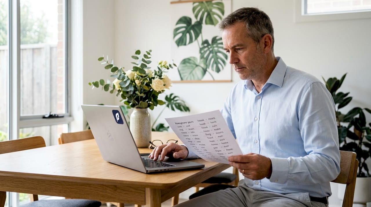 Man reviewing homophone word list at office desk