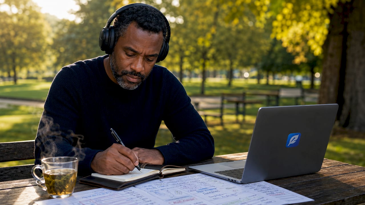 Man practicing English prepositions listening