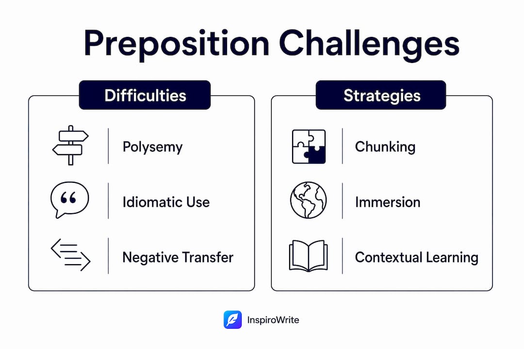 Infographic showing challenges and strategies for prepositions