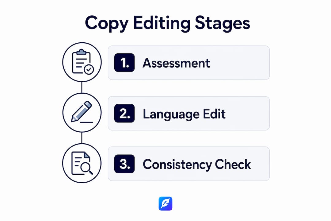 Infographic illustrating three main stages of copy editing
