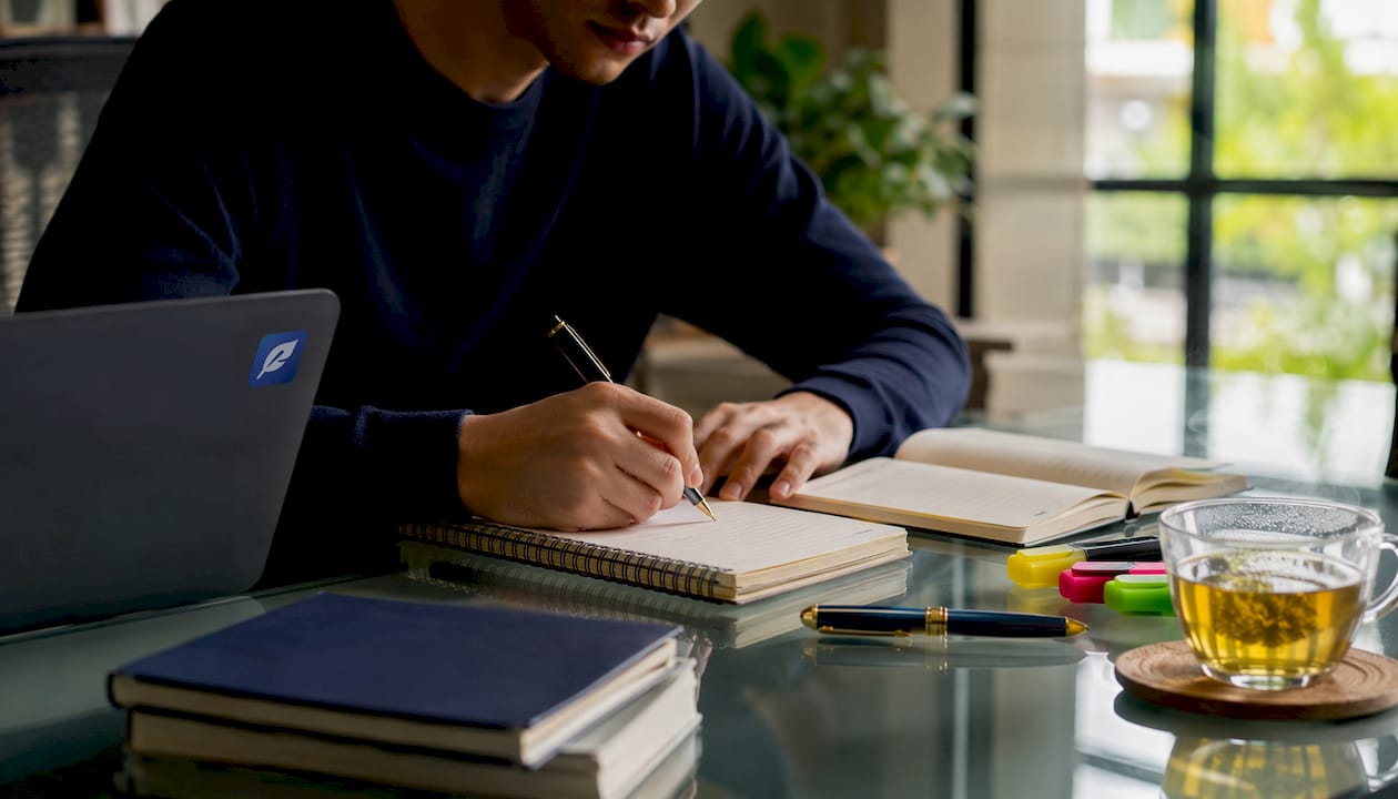 Hands writing notes on cohesive devices at desk
