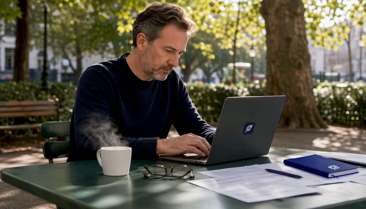 Writer working on cohesive paragraph in café