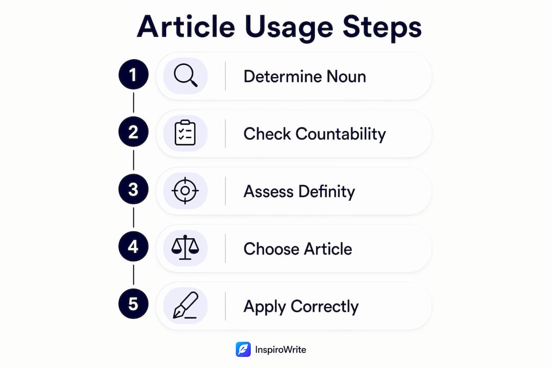 Infographic showing steps for English article usage