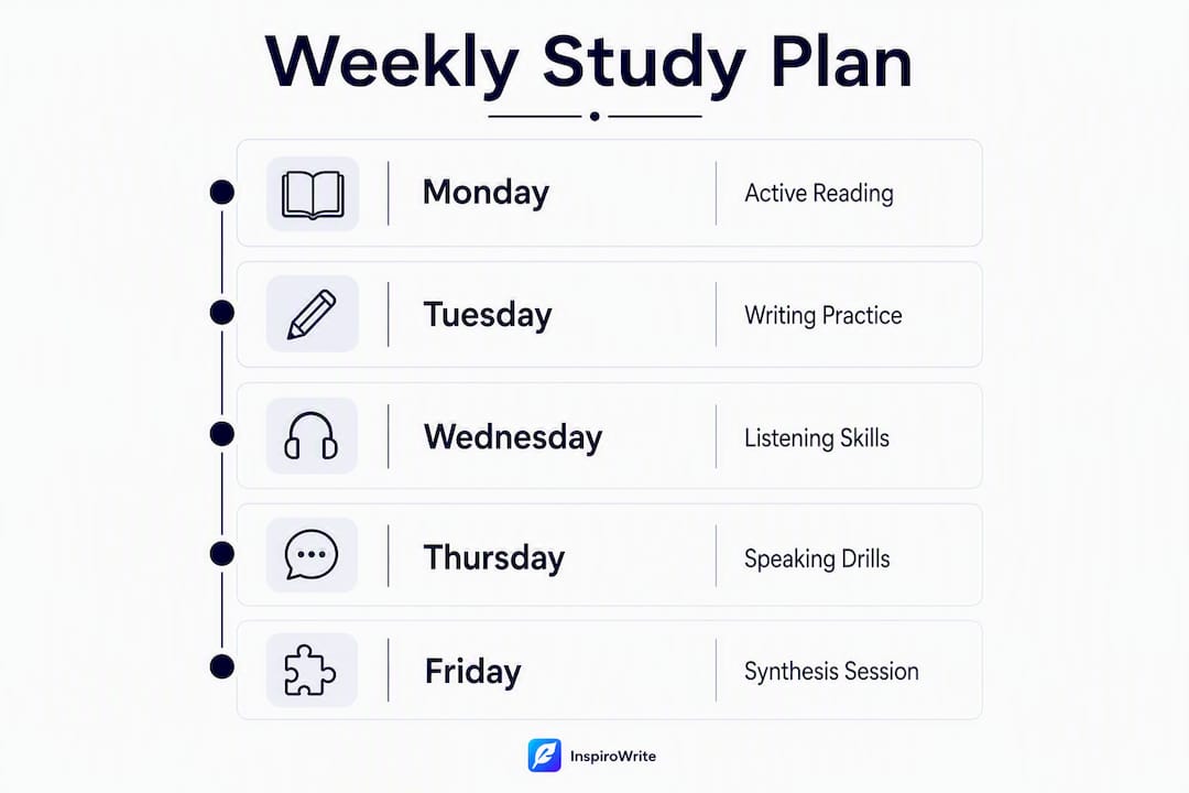 Infographic illustrating weekly academic English study plan