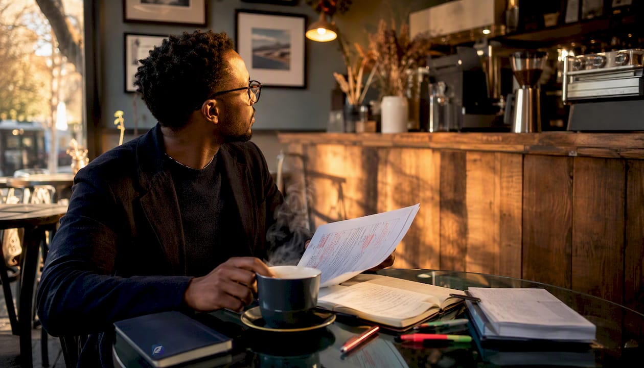 Writer contemplating editorial feedback notes