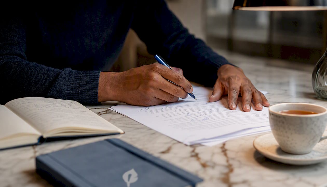 Hands marking editorial corrections on manuscript