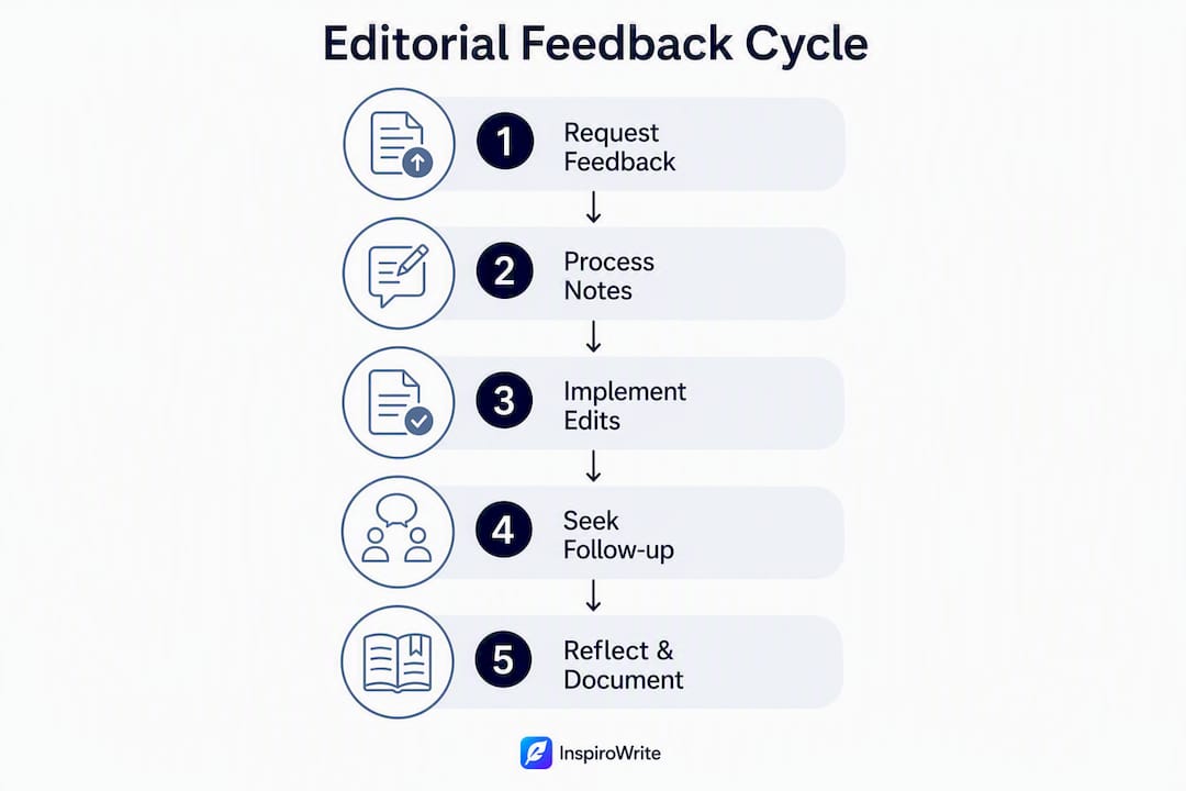 Infographic illustrating five steps of editorial feedback process