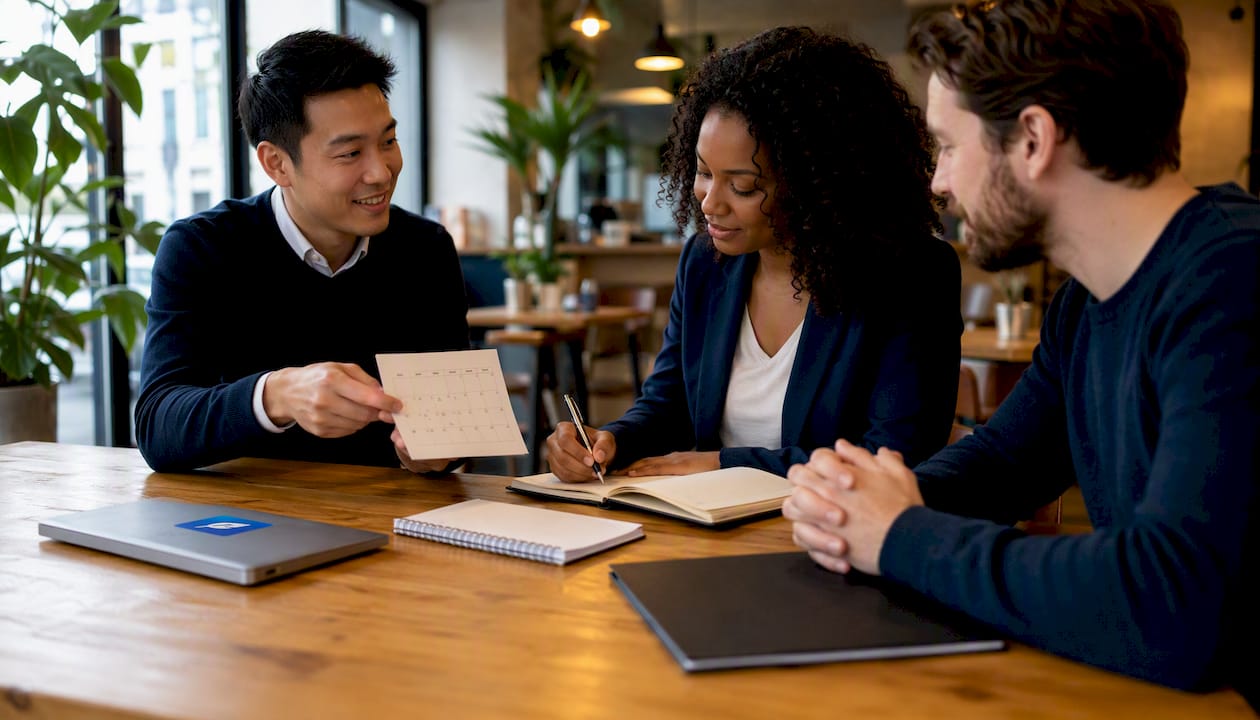 Team assigning proofreading roles in conference room