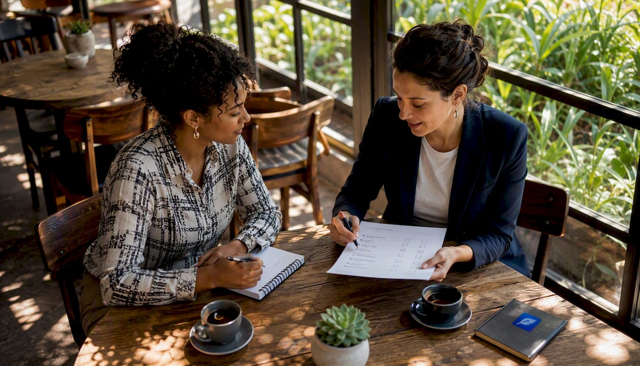 Two women reviewing proofreading checklist digitally