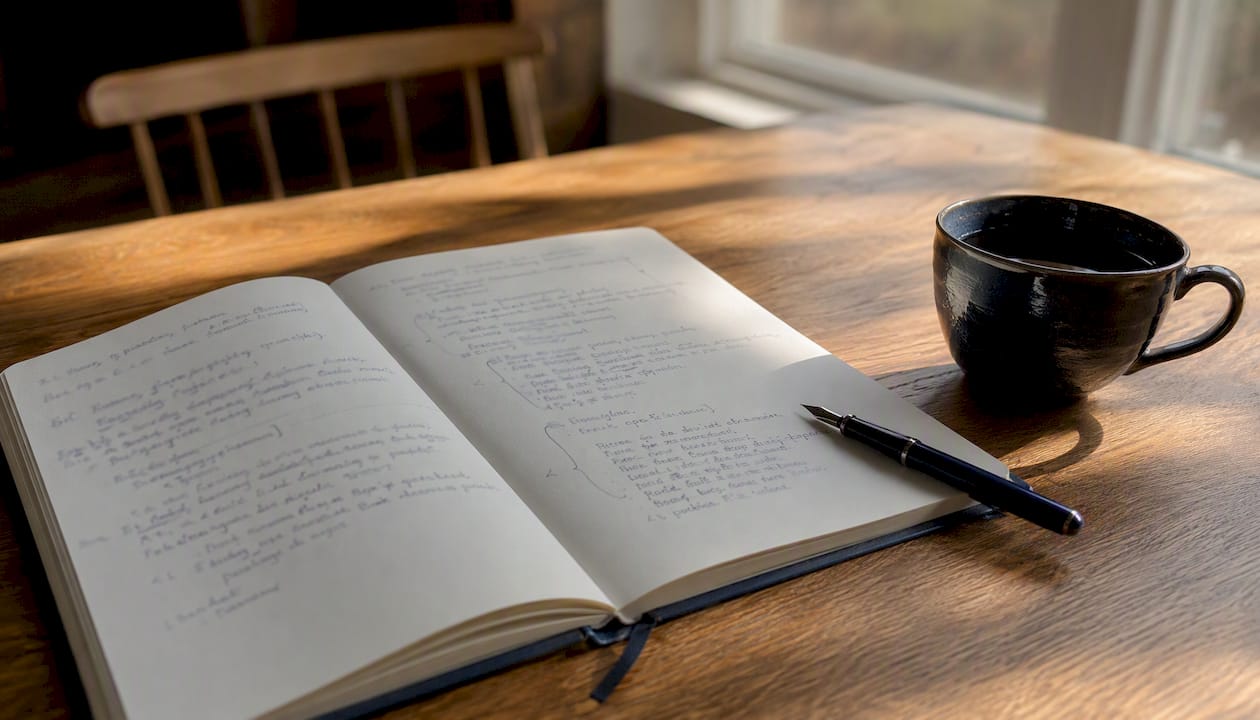 Notebook with argument draft and coffee cup