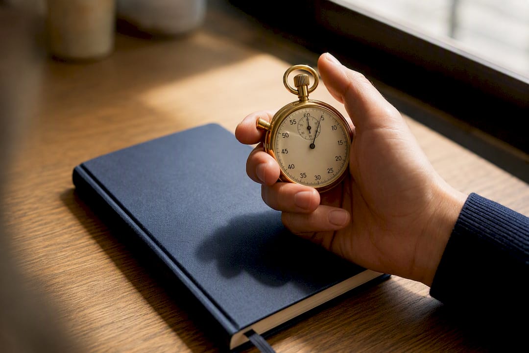 Hand holding stopwatch on desk