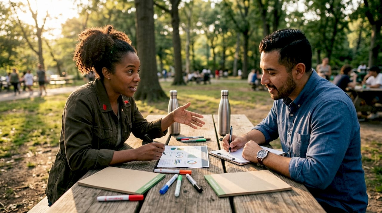 Diverse marketers discussing carbon impact with printed infographic