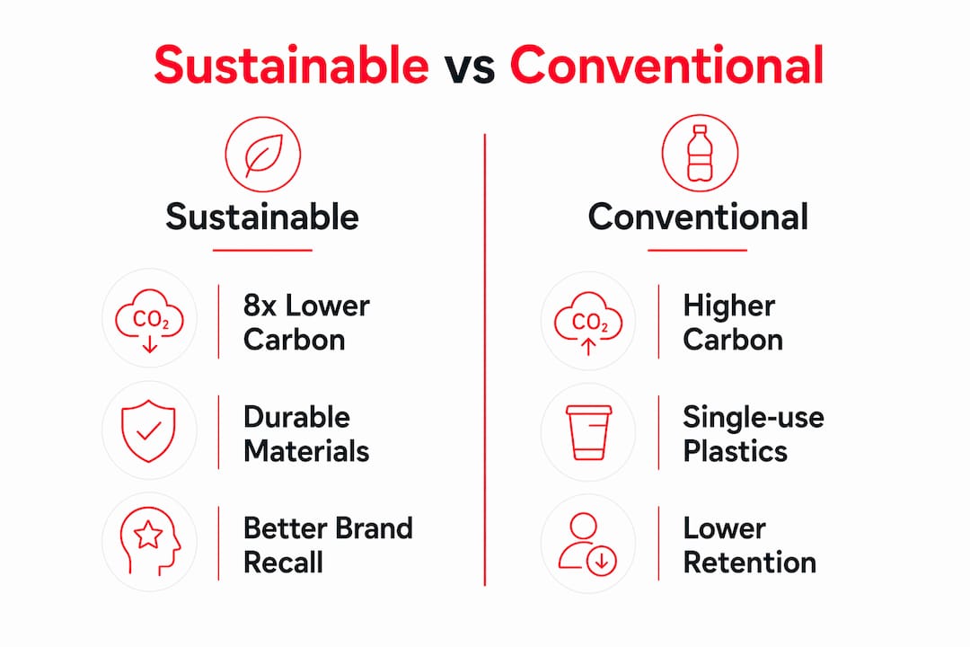Infographic comparing sustainable and conventional merchandise