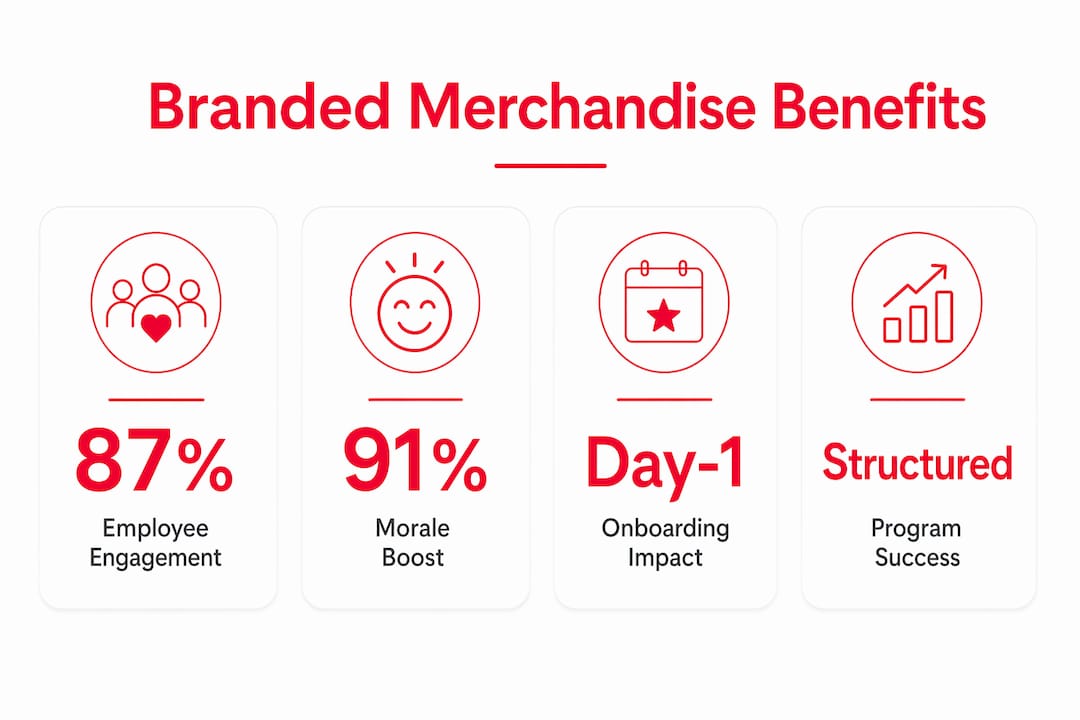 Infographic showing infographic with four key branded merchandise benefits