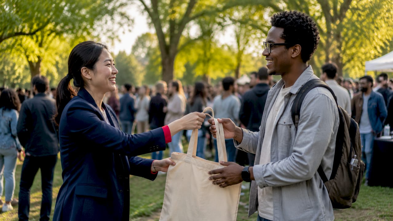 Close-up of hands exchanging branded tote bag at event