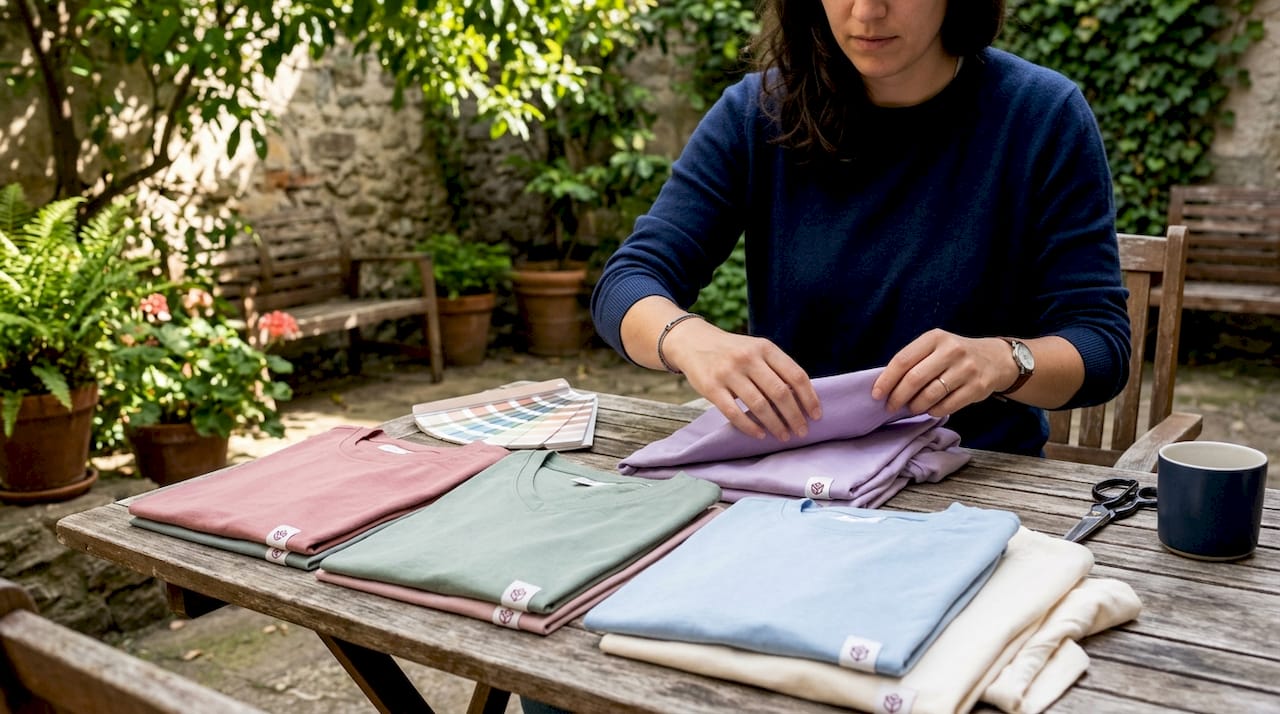 Hands arranging custom branded T-shirts on table