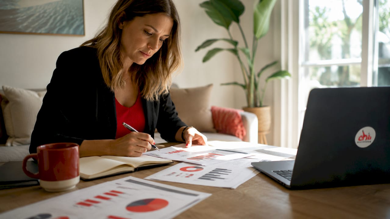 Marketer reviewing promotional ROI reports at desk