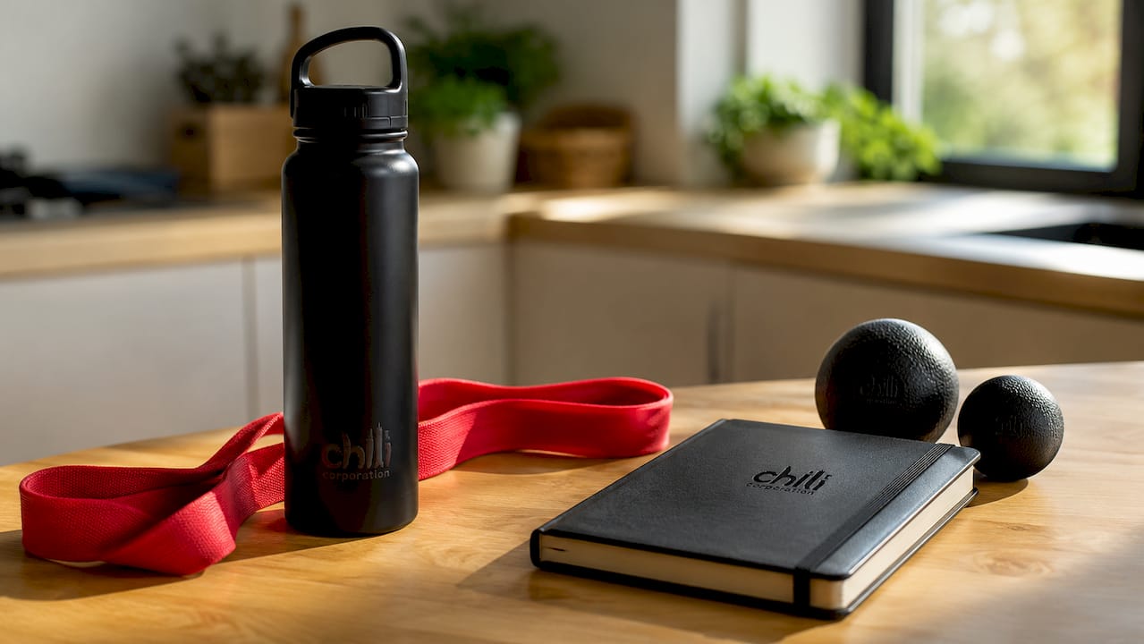 Branded wellness products laid out on table