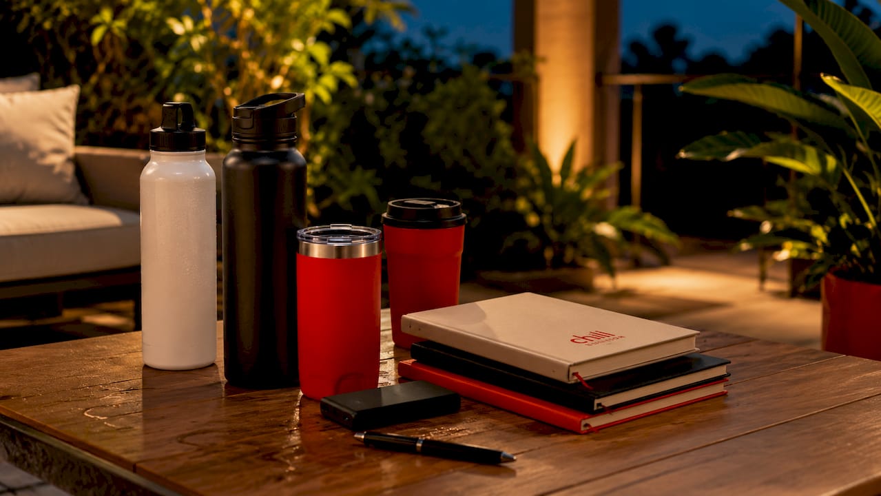 Premium branded drinkware on meeting table
