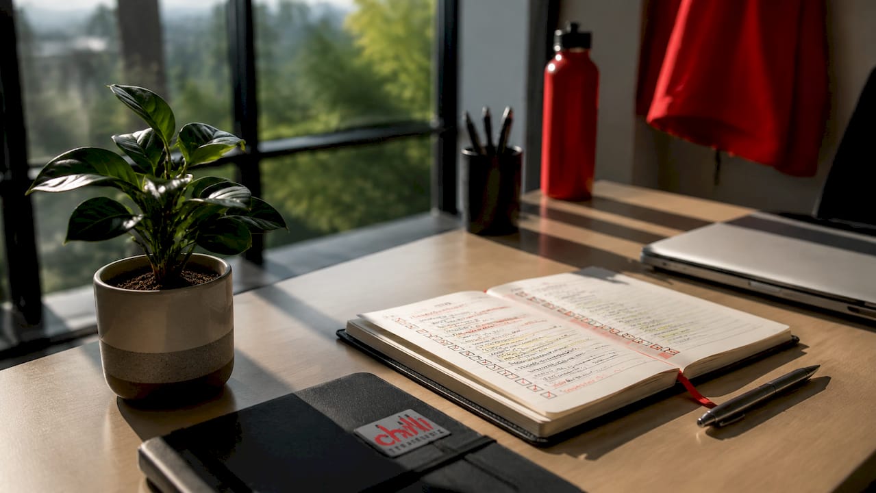Desk with promotional products and checklist