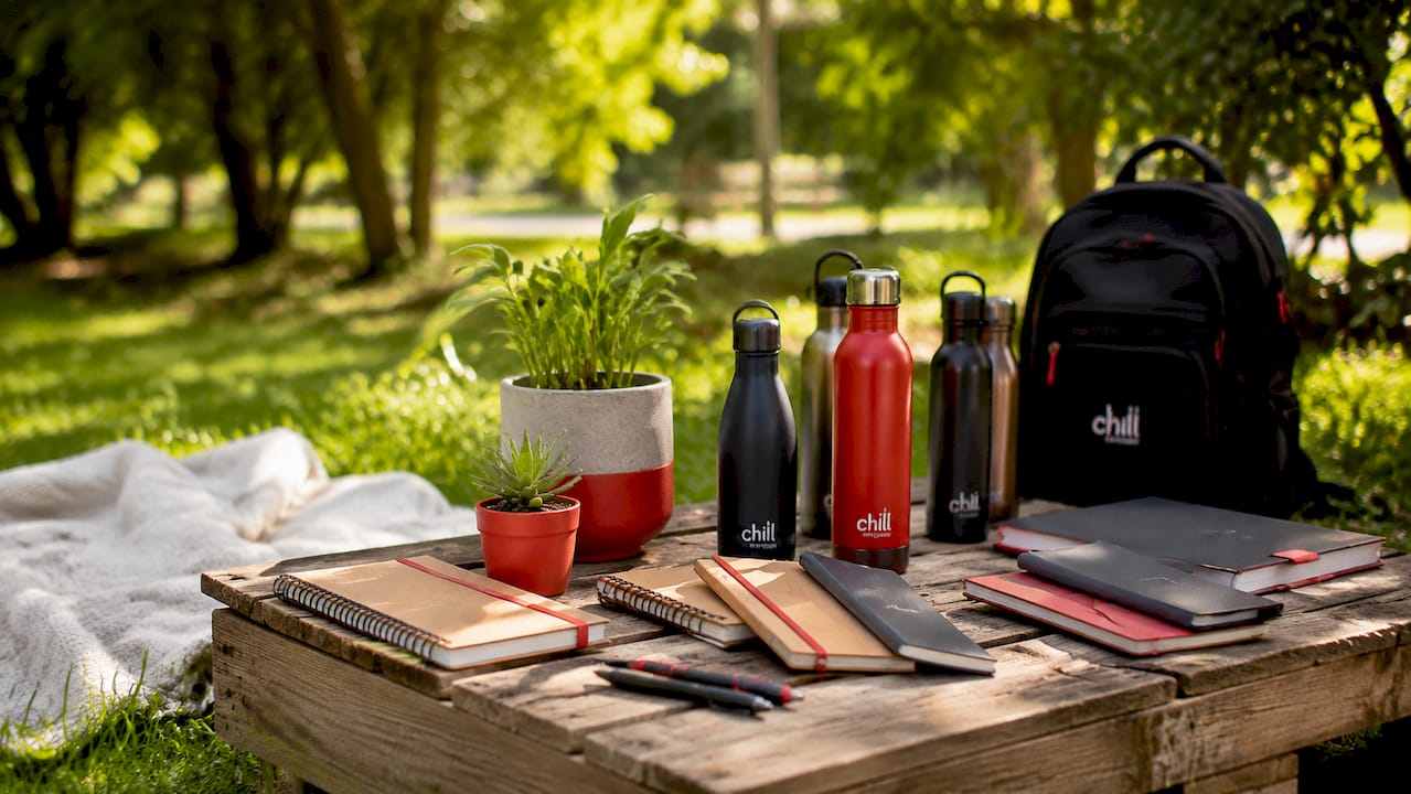 Close-up of branded campus promotional items on table