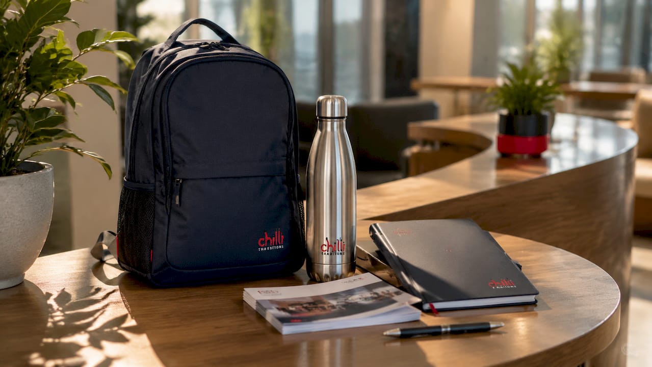 Close-up of branded bank merchandise on desk