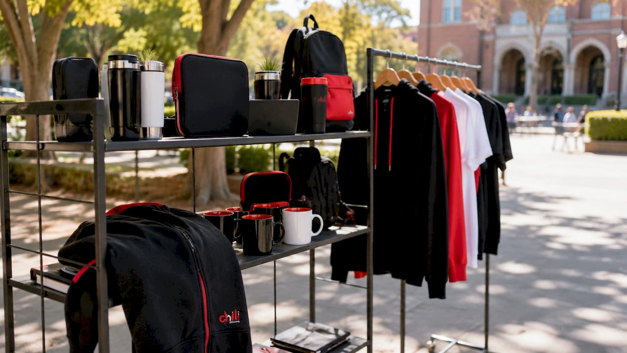 University branded merchandise displayed neatly on shelves