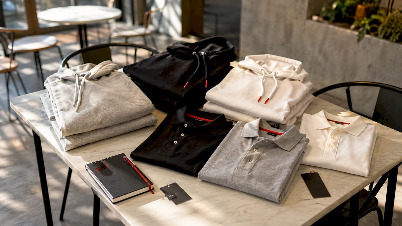 Neatly arranged branded team apparel on office table