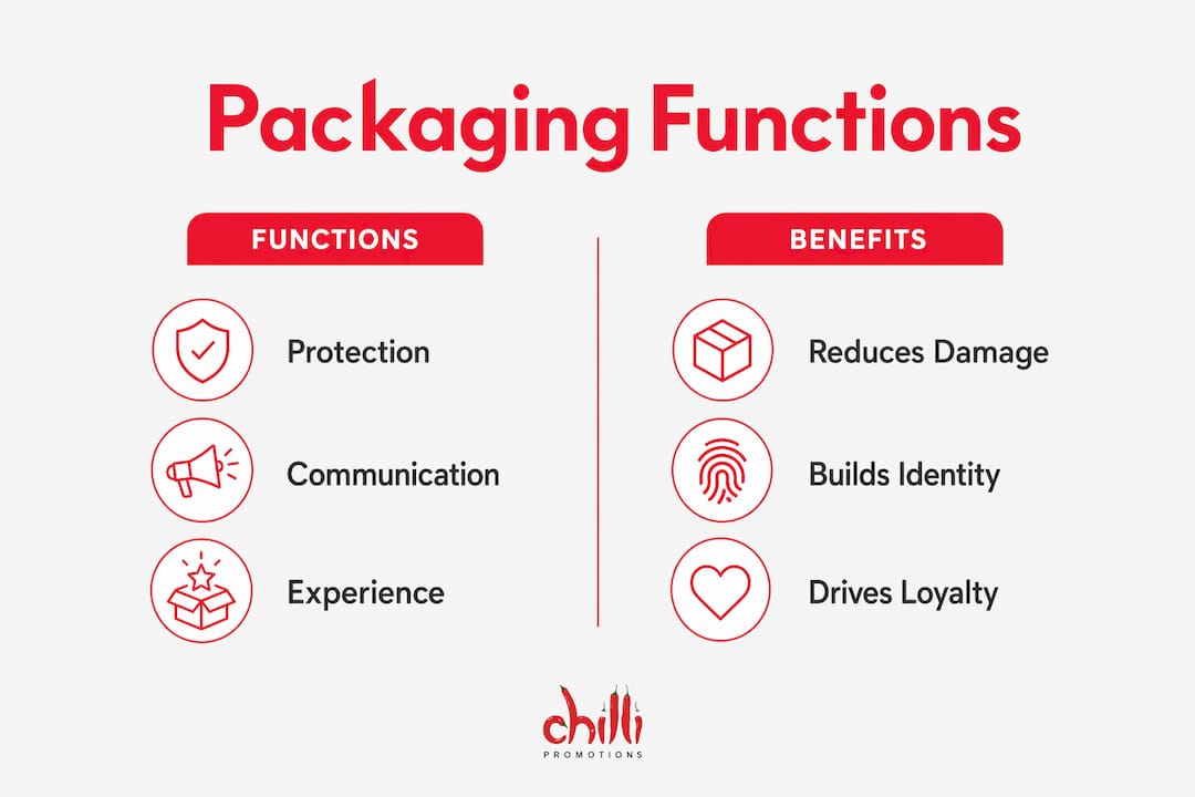 Infographic illustrating packaging functions and benefits
