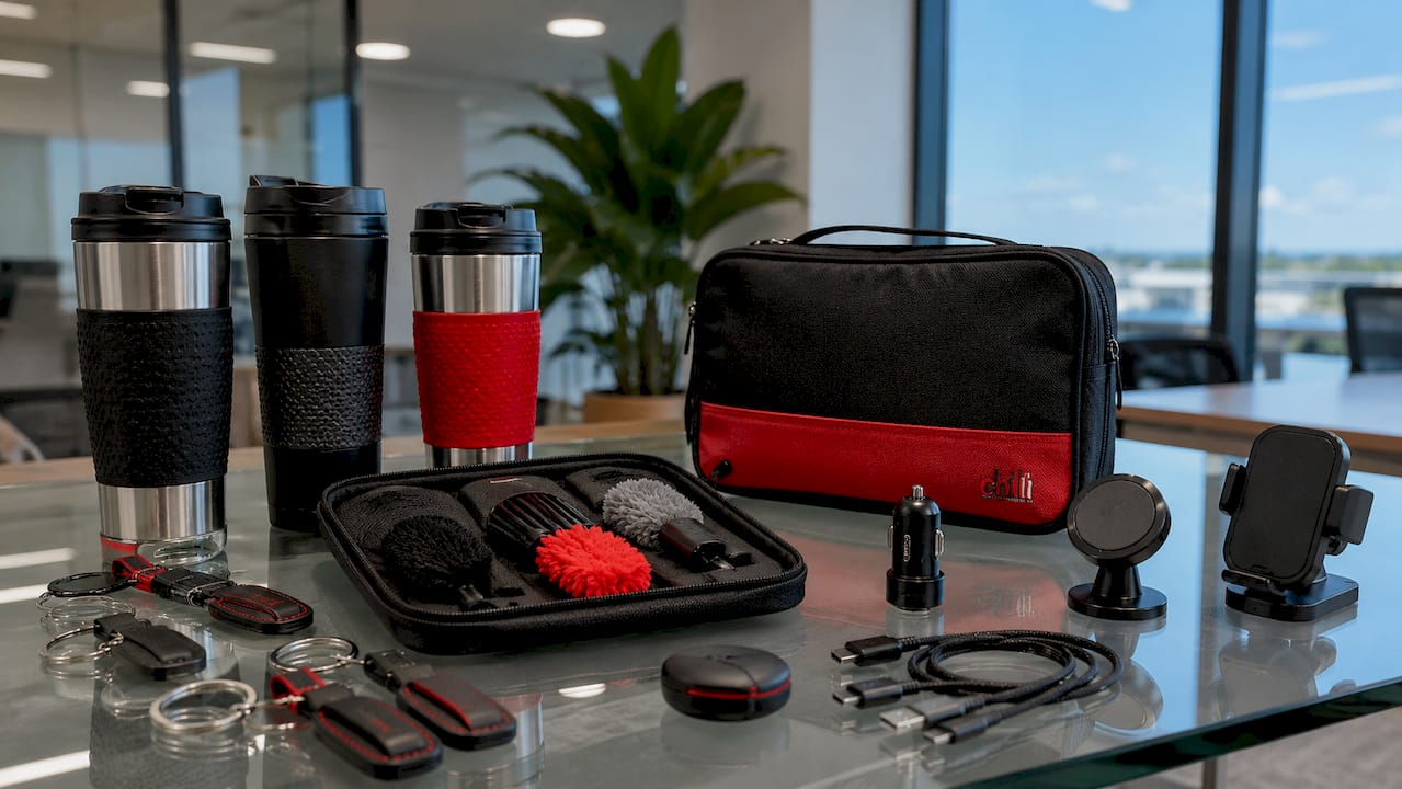 Branded automotive gifts on desk