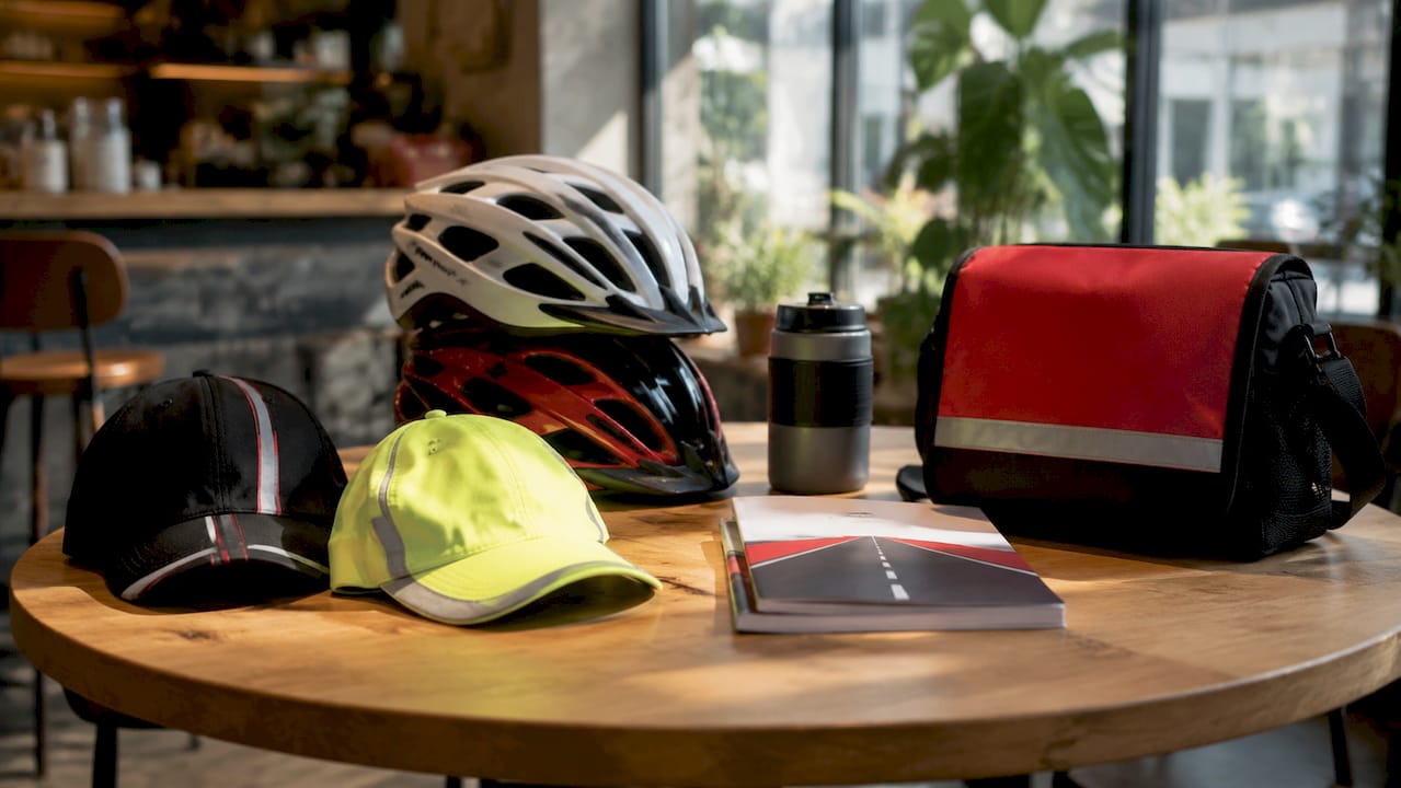 Close-up of branded road safety campaign products on desk