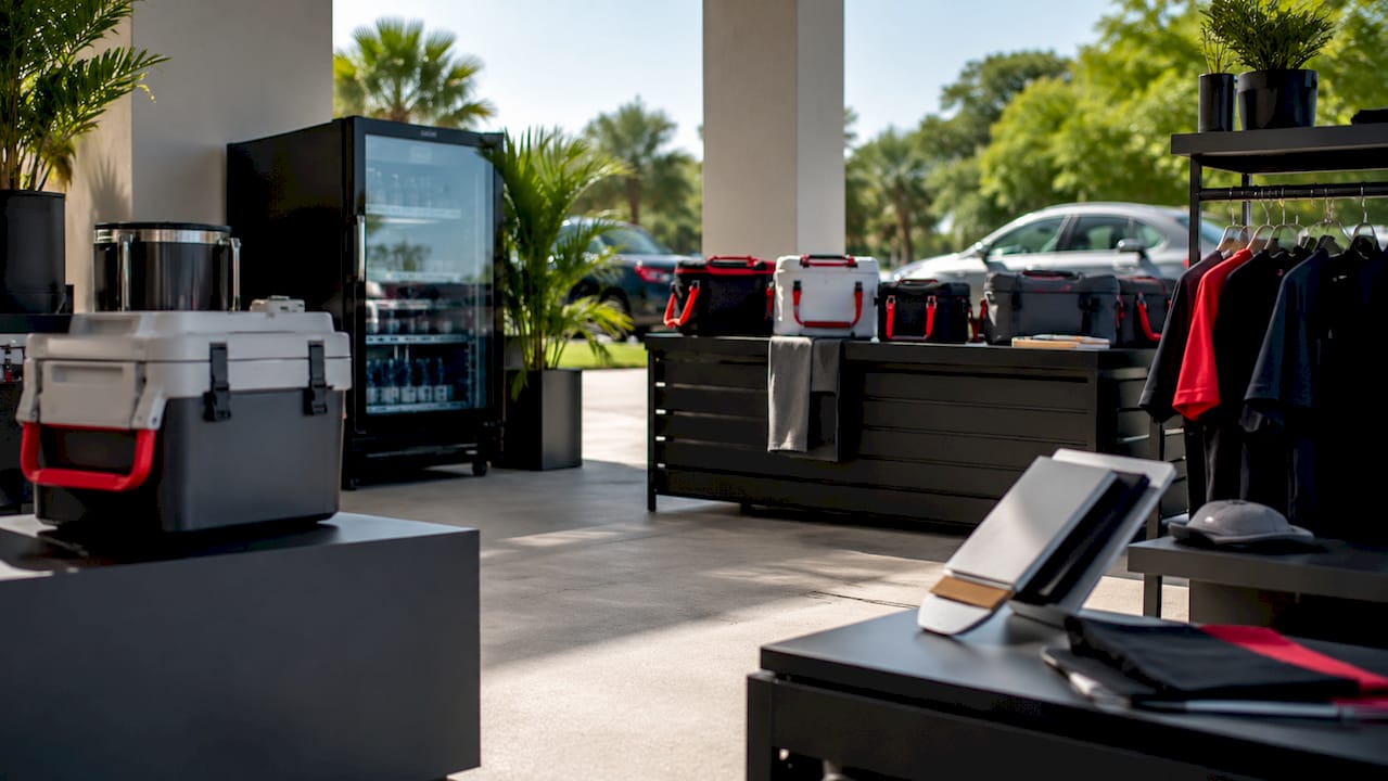 Branded merchandise display in car dealership showroom