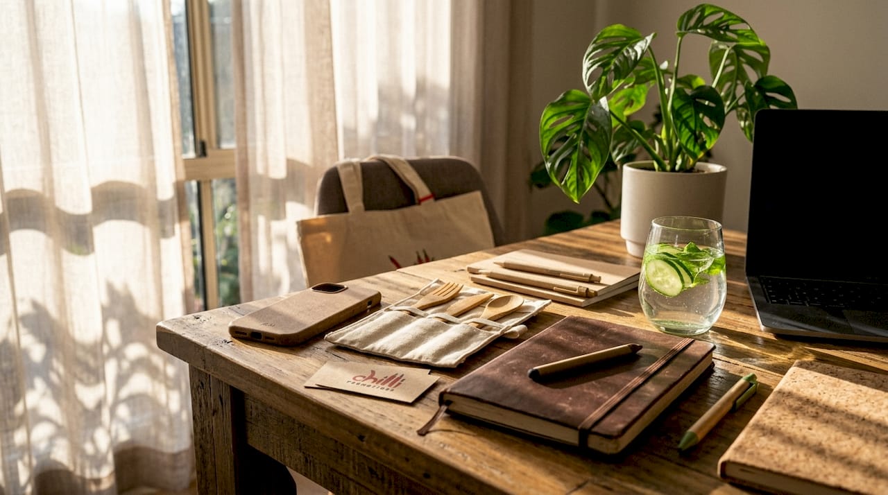Eco-friendly branded merchandise on office desk