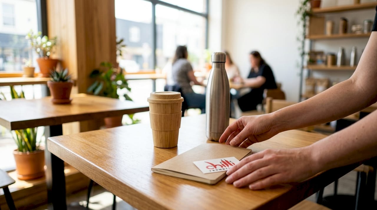 Hands arranging sustainable banking merchandise on desk