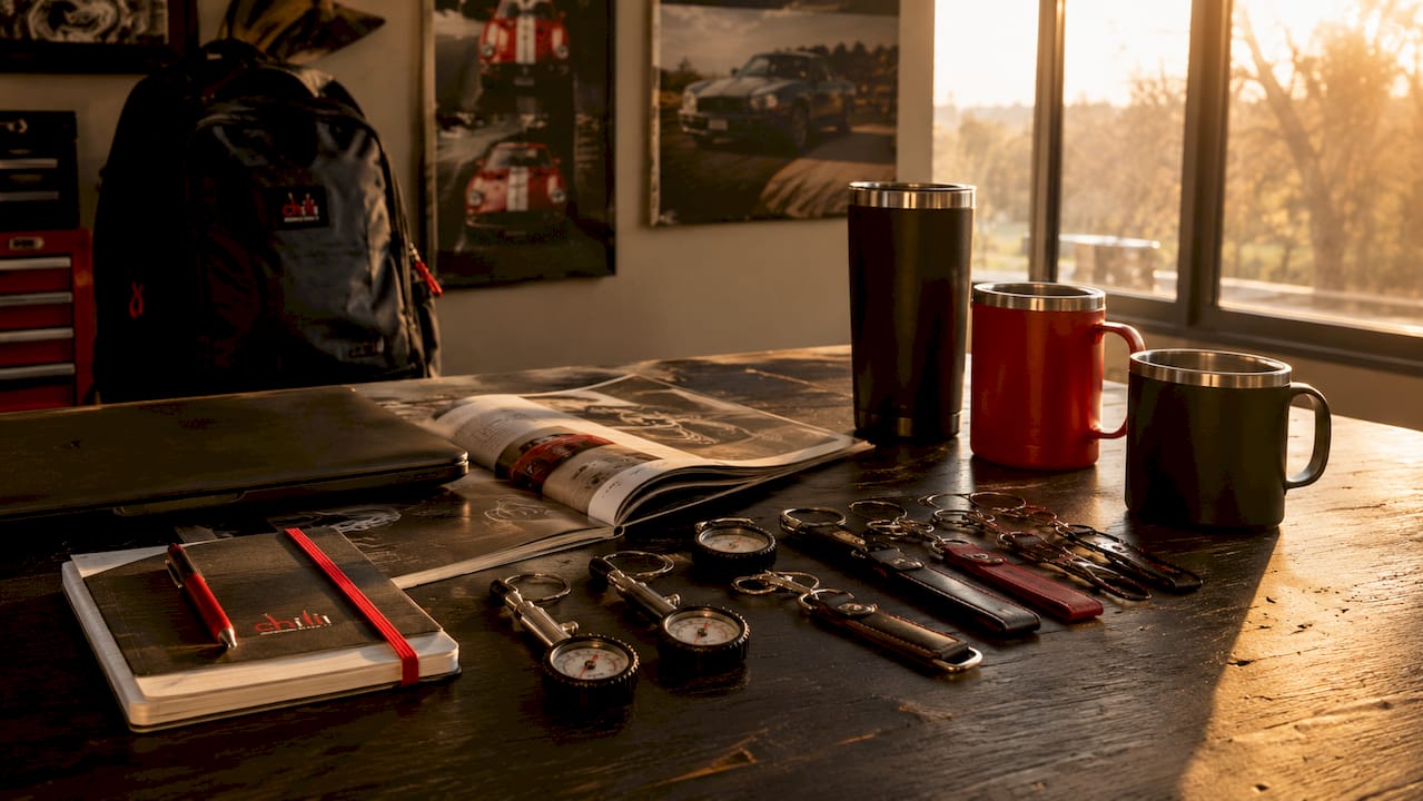 Automotive branded merchandise on workshop desk